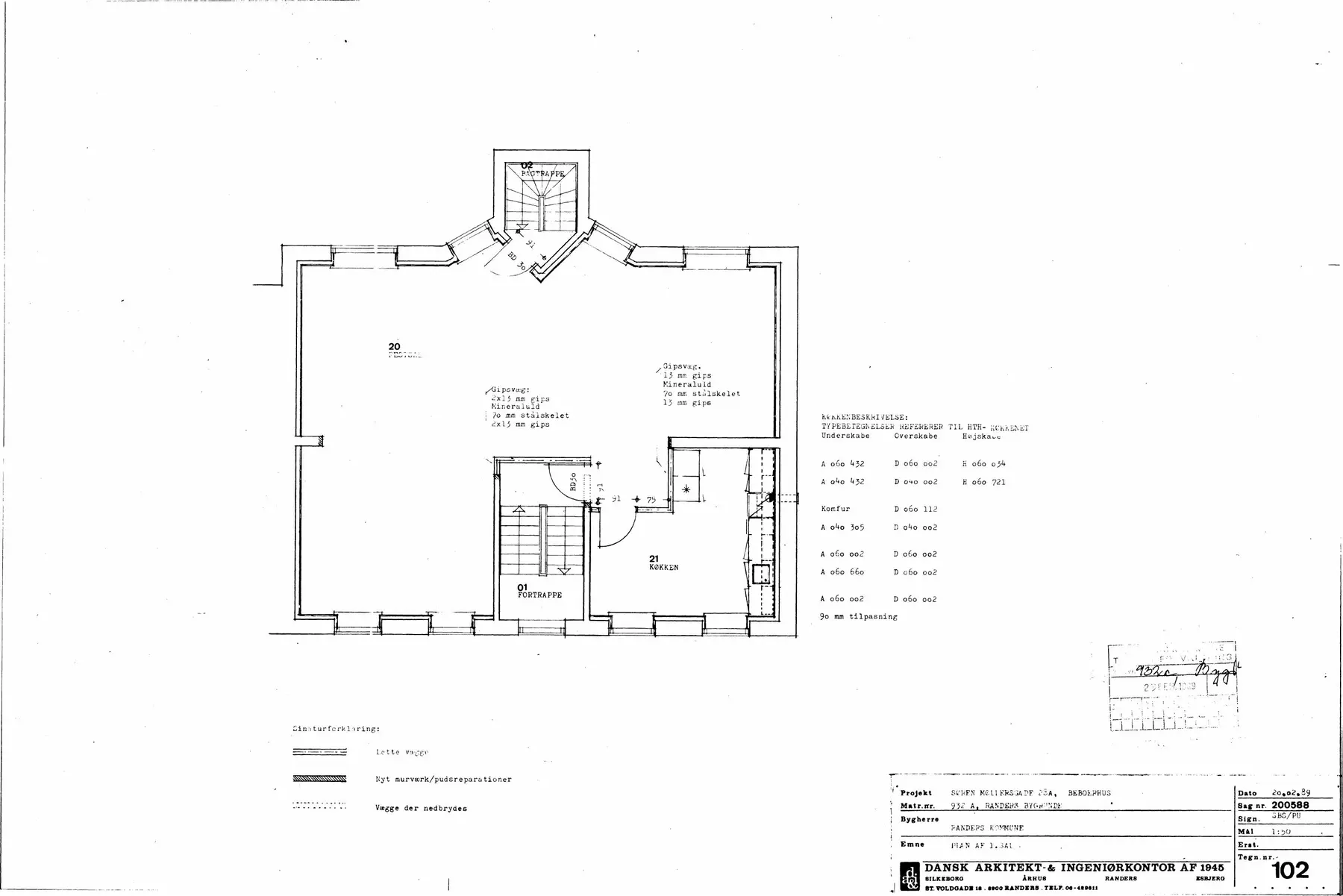 Plantegning fra 1989 af Beboerhusets 1. sal med den store sal og køkkenet